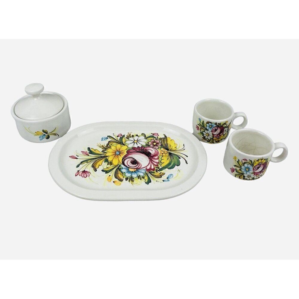 Vintage Castelli Ceramic Floral Espresso Set Italian Demitasse Hand Painted Demi